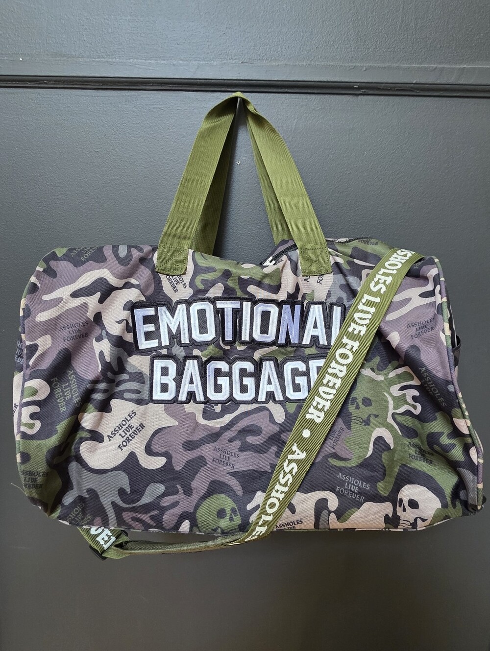 Emotional Baggage Camo Skulls Duffle Bag ALF Linda Finegold 20x11x8